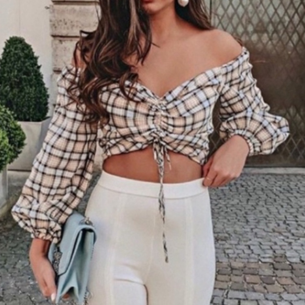 Zara Women's M Blue Cream Plaid Ruched Chic Cottagecore 3/4 Sleeve Blouse - Picture 3 of 10